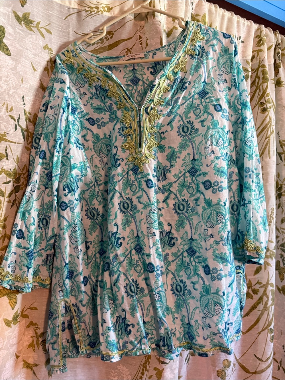 Ladies Turquoise & White Embroidered V-Neck Tunic Top 1X Anne Carson Like New